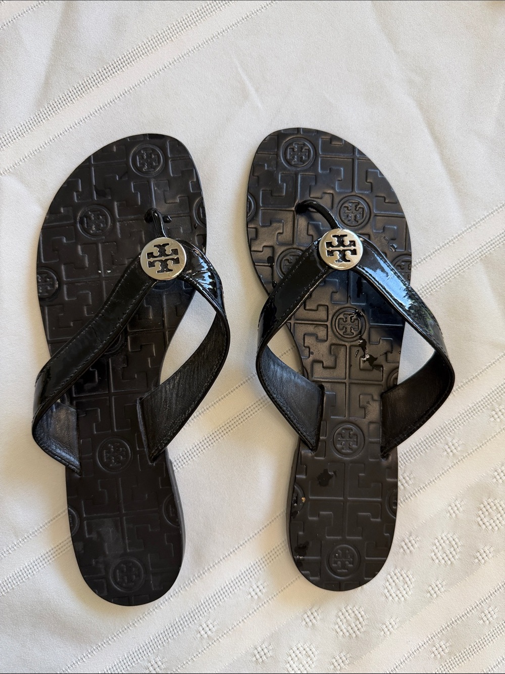 Tory Burch Black Patent Logo Thong Sandals
